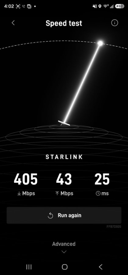 Starlink app speed test showing 405 Mbps download